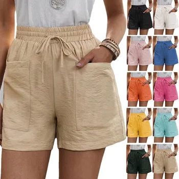 Ljetne ženske kratke hlače s fleksibilnim gumicom u struku široke kratke hlače čipka-up, ženski casual jednostavan stil, pamuk, lanene hlače džep tri četvrtine