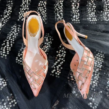 Ljetni ružičasti saten sandale na visoku petu s šuplje переплетением, ženske svadbene cipele od prave kože, s oštrim vrhom, modeliranje cipele veličine