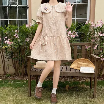 Ljetno donje mini-haljina-košulja u japanskom stilu, s ovratnikom 