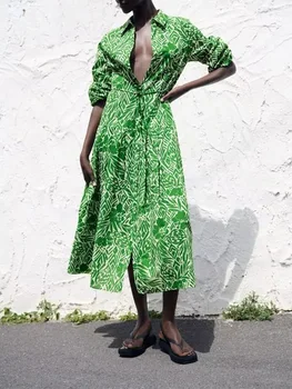 Ljetno novo donje moderan elegantan pamučno haljina Sweet Ruili sa dugim zelenim lukom i ispis