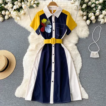Ljetno ženske haljine 2022, moderan haljinu teške industrije s cvjetnog vezom, однобортные haljina midi s obojene blokove