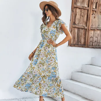 Ljetno шифоновое Maxi haljina s V-izrez i po cijeloj površini, Vestidos Mujer, elegantan plave svečane plaža haljine s cvjetnim uzorkom