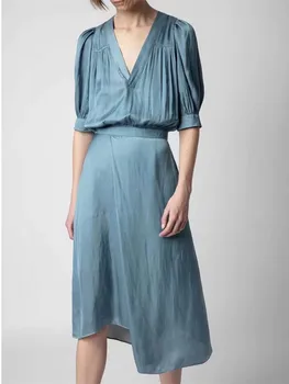 Ljeto 2023, donje атласное haljina midi s neravnim подолом, pola rukava, elastična visokim strukom, čvrste ženske haljine sa V-izrez