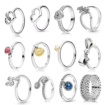 LR PAN Prsten od srebra 925 sterling s kubični cirkon, luk u obliku srca, prsten s cvijetom, vjenčani dar prijatelju, klasični modni trend nakit