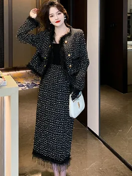 Luksuzni dizajn za modnu Pistu, trendy kratkom jakna s кисточками, ženski komplet od dva predmeta, suknje srednje dužine sa visokim strukom