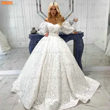 Luksuzno Bijelo čipkan vjenčanicu 2021 s dugim rukavima, vestido de noiva, s otvorenim ramenima, robe de mariée princesse, seksi vjenčanica