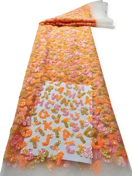 Madison Orange Elegantan beadwork ručni rad, francuski tila, cvjetne čipke tkanina za zurke, нигерийская luksuzna cvjetne čipke tkanina sa šljokicama QF0756