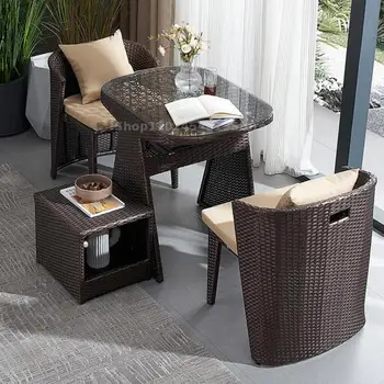 Mali stol i stolice za pohranu na balkonu, ротанговый stolica, skup od tri predmeta, Stol i stolice za odmor na balkonu, kombinacija za boravak na otvorenom