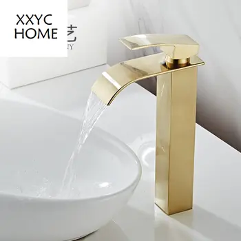 Mat zlatna umivaonik za tople i hladne vode od nehrđajućeg čelika, zlatni vodopad, noćni ormarić za kupaonicu, dizalica jednu rupu