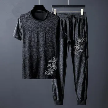 Minglu/ black ljetne muške setove (majica + hlače) Luksuzne muške setove kratkih rukava, izvezena šljokicama, Moderno oblikovana gospodo setove 5XL