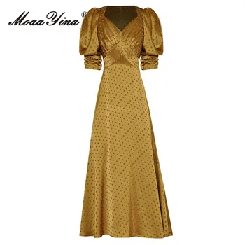 Moderan dizajn haljina MoaaYina, Ljetno Donje haljina, Zlatne i Starinski V-oblika dekoltea, Visoka Struka, Rukav-svjetiljka, Haljina Midi sa po cijeloj površini u Grašak