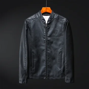 Muška crna jakna od umjetne kože na munje, jesenski мотоциклетная jakna od umjetne kože, s rol-bar, gornja odjeća