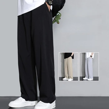 Muške ljetne slobodan široke hlače od fine svile leda, svakodnevne izravne moderan sportski duge hlače za odmor s džepovima, одноцветное proizvod Q423