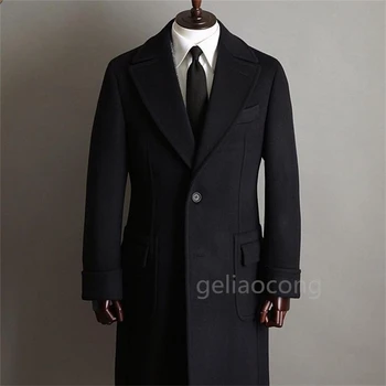 Muški dugi kaput, crni vuneni sportska jakna za джентльменов, zimi toplo poslovne sportska jakna za prom za svaki dan