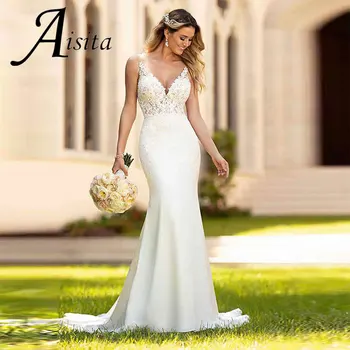Nježna Sirena vjenčanica s V-izrez, svadba haljina bez rukava s čipkom aplikacija, otvorena leđa, petlja, Elegantan Vestidos De Novia