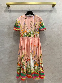 Nova haljina s cvjetnim ispis u obliku zeca, okrugli izrez, kratki rukav, visoki struk, плиссированное haljinu veličine