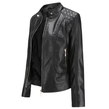 Nove ženske jesensko-zimske jakne od umjetne meke kože, kaput, ženska crna мотоциклетная uličnu odjeću od umjetne kože Epaule munje