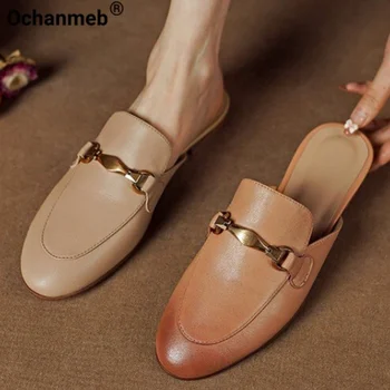 Ochanmeb, kvalitetna ženska obuća od ovčje kože, dizajnerske papuče na ravne cipele s metalnim lancem, ljetni svakodnevne ženske papuče, Novi