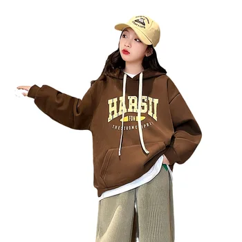 Odjeća za djevojčice proljetni kave u boji, majica sa буквенным po cijeloj površini, svakodnevne majice s kapuljačom, korejski pulover s kapuljačom dječja odjeća od 4 do 14 godina
