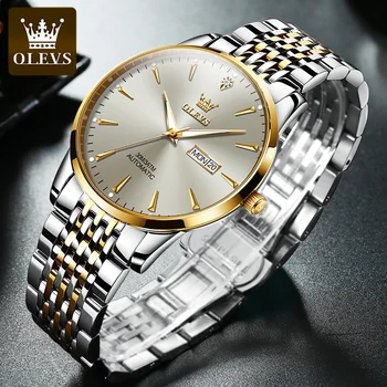 OLEVS high-end brand, srebrno-sive muške sportske automatski mehanički sat od nehrđajućeg čelika, vodootporan luksuzni sjaj Reloj Hombre
