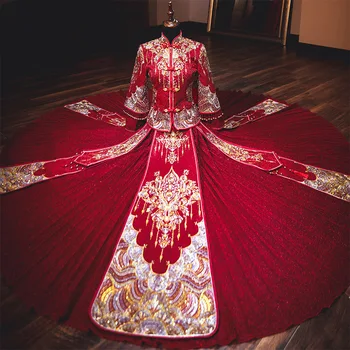Oriental Embroidery Bride Costume Golden Embroidery Modern Classic Wedding Dress Cheongsam China Qipao odijelo za orijentalne