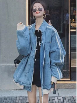 Osnovni kaput-бомбер, traper jaknu plave boje, ženska baseball student odjeća Harajuku, slobodan gotički korejski ulične traperice