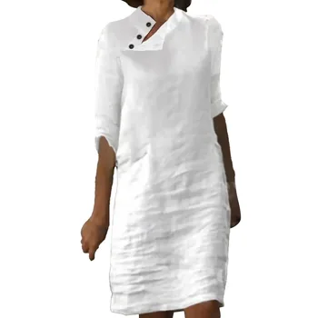 Pamučne haljine sa стоячим ovratnik i gumba za žene, svakodnevno laneno monotone haljina kratkih rukava u retro stilu, ljetno donje uredski mini-haljina