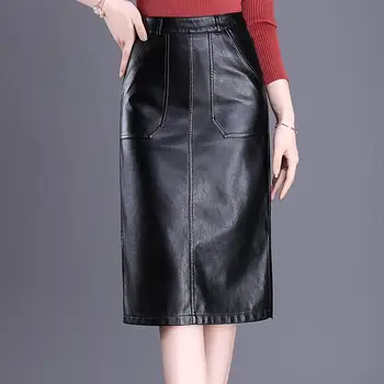 Poslovni ženske jesen ravne suknje midi od umjetne kože s džepovima