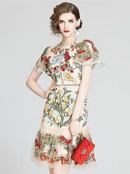 Prekrasna haljina s cvjetnog vezom, maksi haljina sa volanima, donje elegantan ljetna haljina s okruglog izreza i rukava-leptir, сетчатое haljina Vestidos