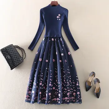 Proljeće-jesen moda, mrežaste pletene haljine-veste u patchwork stilu, Ženske elegantne plave svakodnevne ženske duge Haljine Vestidos