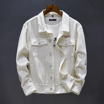 Proljeće-jesen muška crno-bijeli traper jakna s trendi буквенным po cijeloj površini veličine 5XL, muška trend slobodna mladih traper jakna
