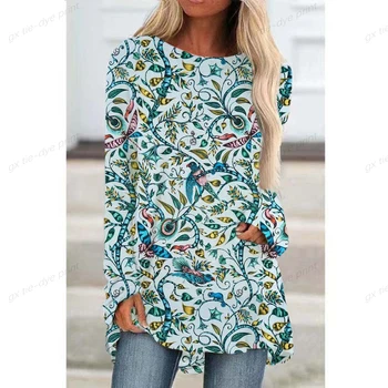 Proljeće-jesen ženska majica sa dugim rukavima i okruglog izreza i cvjetnim ispis u obliku biljaka, moderan top, duga majica u boemskom stilu