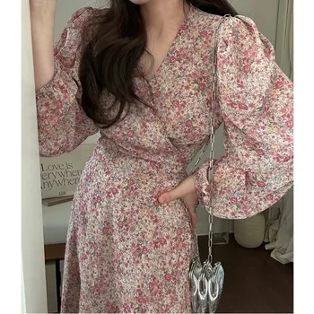 Proljeće-ljeto nove haljine s dugim rukavima, ženska korejski moda, elegantna duga haljina s cvjetnim uzorkom, dnevne haljine za odmor