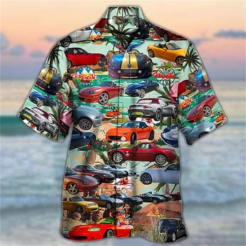 Prozračna košulja po cijeloj površini retro automobil, muška havajski košulja na zakopčane, muška primorska casual majica s lapels i kratkim rukavima, ljetna moda majica