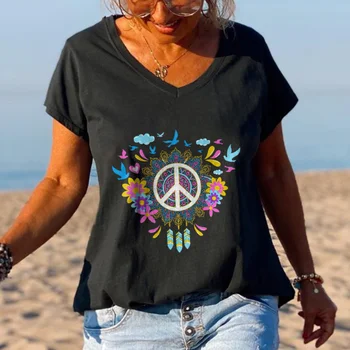 Rheaclots Ženske majice Peace And Love s cvjetnim uzorkom, t-shirt u stilu hipi