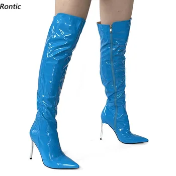 Rontic/ ženske zimske ботфорты iznad koljena, lakirano, sa patent-zatvarač na ukosnica, s oštrim vrhom, nebo-plave cipele za noćni klub, velike veličine SAD-u 5-15