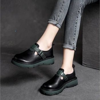 RUSHIMAN/ moda jesen ženske cipele 2021, vintage ženske cipele ručne izrade i od prirodne kože na ravnoj platformi, udobna obuća na platformi crne boje