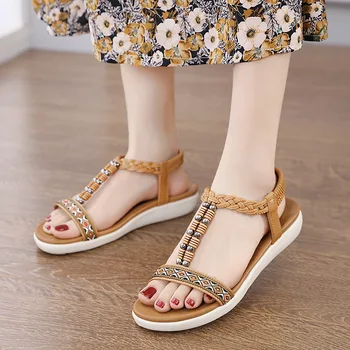 Sandale s perlicama u etničkom stilu pleten, Lagan, Udoban cipele na ravnim potplatima od velikih dimenzija, plaža papuče Sadalias Femininas