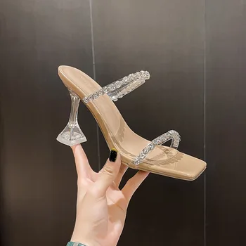 Sandale sa štrasom, Sandale za vanjsku nošenje, Novo 2023 godine, Ljetni prozirne ženske cipele na ukosnica s kristalima