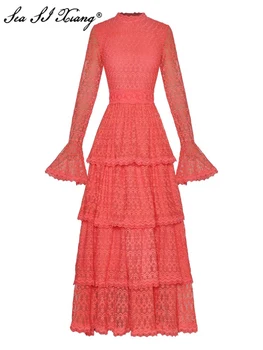 Seasixiang, moderan dizajn ljetno сетчатое Maxi haljina, ženske haljine-svjetiljka s cvjetnog vez i рюшами, berba duge večernje haljine