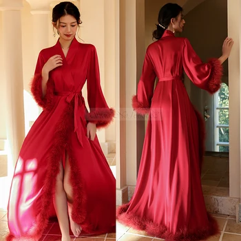 Seksi Proljeće-ljeto Donje kimona-ogrtač, tamnocrvena vjenčanje haljine s dugim perjem, pidžame, Slobodno атласное kućni haljina, odjeća za slobodno vrijeme