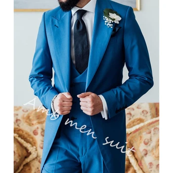 Setove plavih жакетов, duge vjenčanje puna odijela za muškarce, najnoviji dizajn, приталенный smoking za mladoženju, elegantan haljinu od 3 predmeta, osnovna odjeća
