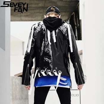 SEVEYFAN/gospodo sjajna black moto jakna od umjetne kože, s vrpcama, korejski kaput za noćnog kluba DJ u stilu hip-hop za muškarce