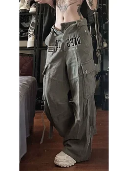 Sive hlače-teretni s vezom slova, ženske hlače-teretni u retro stilu, hip-hop, hlače s visokim strukom, svakodnevne hlače Оверсайз za vruće djevojke