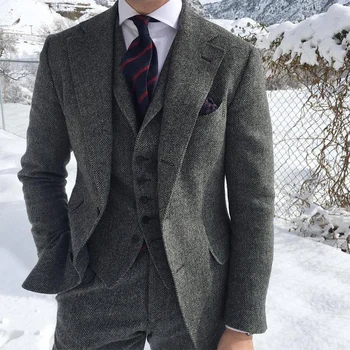 Sivi vuneni Tvida Zimski muško odijelo za vjenčanje, smoking mladoženja riblja kost, Muški Modni komplet od 3 predmeta (jakna + Prsluk + Hlače + kravata)