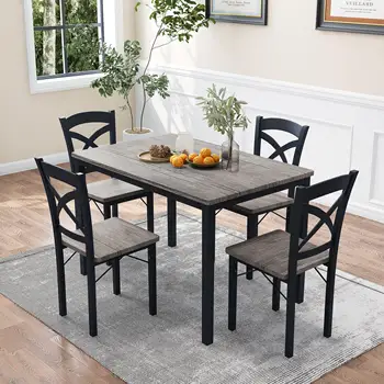 Stol od 5 predmeta, Dom kuhinja stol i stolice, Industrijski drveni trpezarijski set sa metalnim okvirom