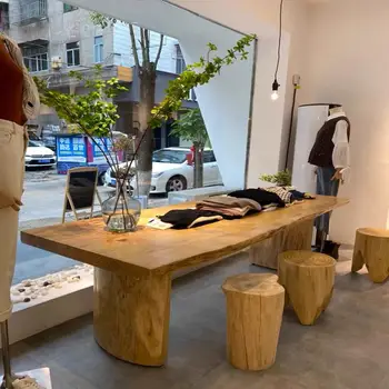 Stolić za trgovinu odjeće, stol za tekuću vodu od punog drveta, kreativni veliki stol za ploče, srednji stol za čaj