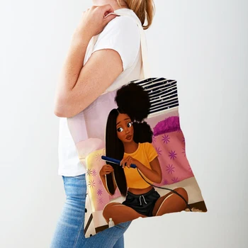 Svakodnevni crna ženska холщовая shopping bag, torba-тоут, Reusable funky crtić lijepa torba za kupovinu u afričkom stilu za žene