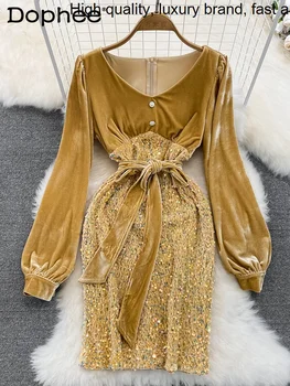 Temperamentna balon, high-end dugi rukav s V-izrez, šljokice, kolaž haljinu s uvezivanje u struku, zlatno baršunasto haljina za žene, jesen-zima, Vestidos
