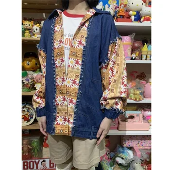 Traper jakna Ženska Korejski uličnu odjeću u etničkom stilu s uzorkom u patchwork stilu, Teška industrija, Temperament, slobodno deniver kaput